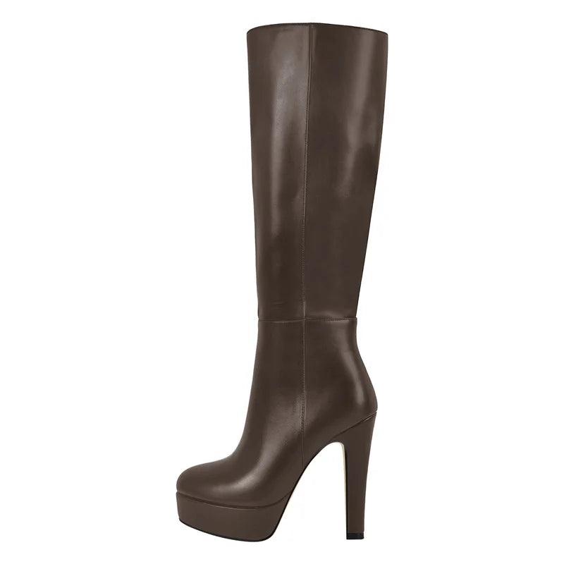 Onlymaker Women Round Toe Wide Calf Platform Knee High Boots Chunky Heel With Side Zipper Concise Tall Modern Boots