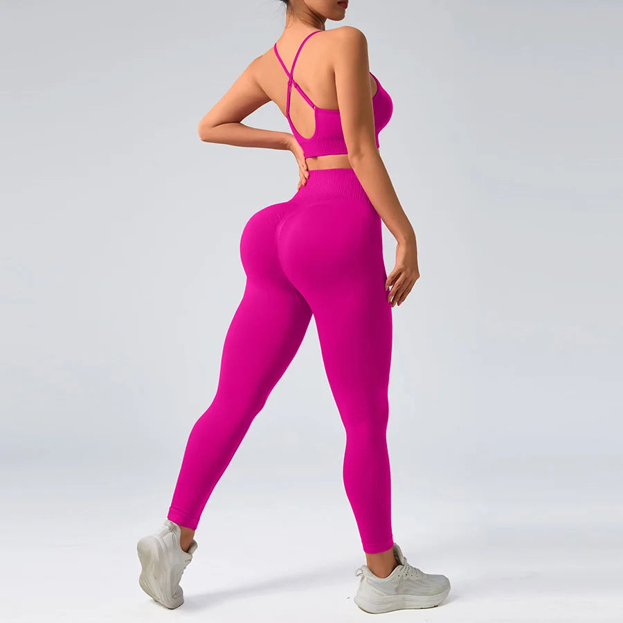 2 pcs/set Seamless Tight Pants Set Rose Red Tank Top Outfit Women's Clothing Breathable  Trousers  Athleisure Fitness Pants