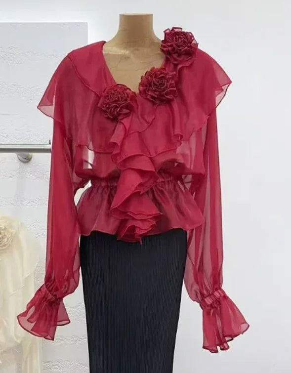 Solid Loose Spliced Fungus Folds Blouses for Women V Neck Long Sleeves Elastic Waist Casual Blouse Female Clothing