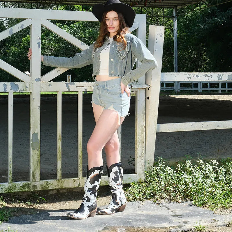 Onlymaker Women Pointed Toe Cow Print Knee High Western Boots Mid Calf Chunky Heel Cowgirl Western Boots