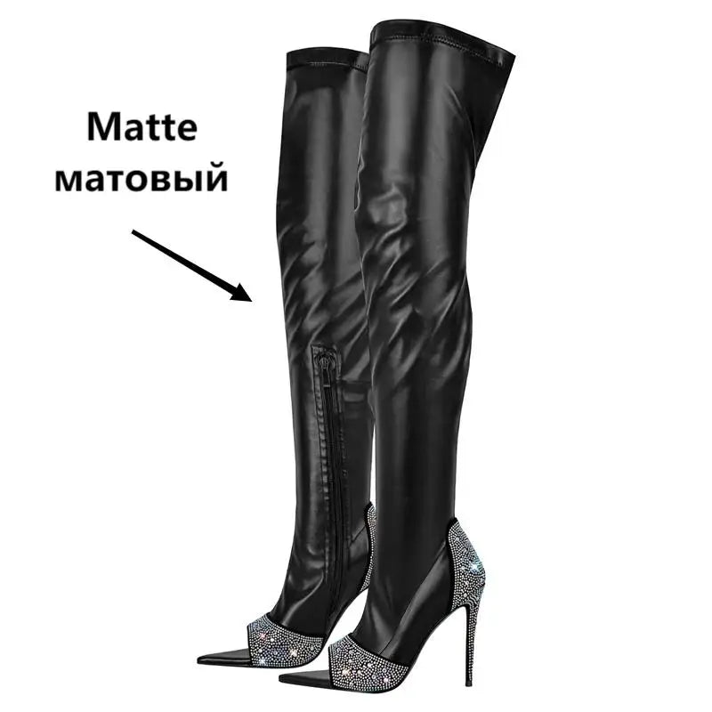 Onlymaker Women Over The Knee Boots Peep Toe Side Zipper Thin High Heels Concise Sexy Party Black Matte Female Boots