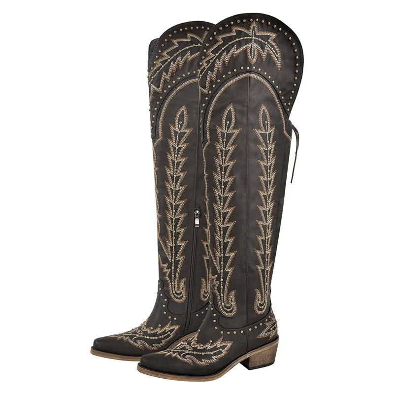 Onlymaker Women Lace UP Brown Over the Knee Boots Cowboy Boots Side Zipper Western Embroidery Thigh High Boots