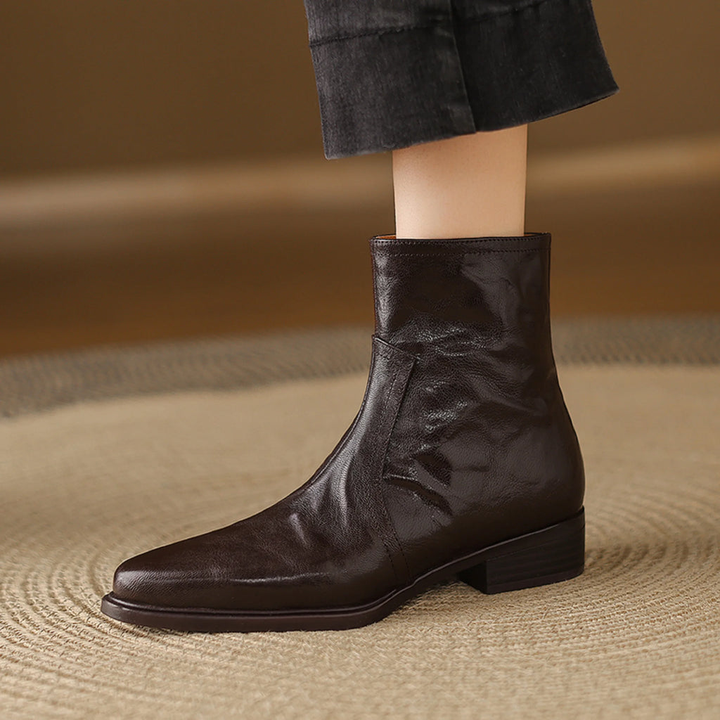 Handmade Genuine Leather Western Cowboy Women's Pointed Toe Short Boots British Style Mid Heel Boots 34-40
