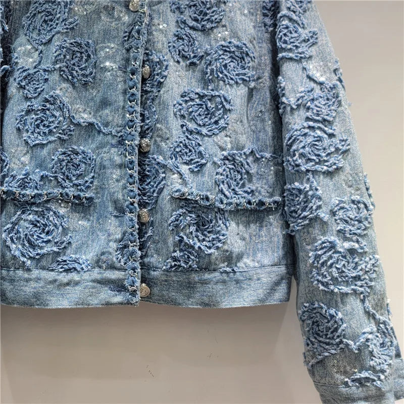 2026 Jeans Jacket Spring New Fashionable Elegant High-end Embroidered Short Denim Jacket For Women O-neck High Waist Coat 11A08304