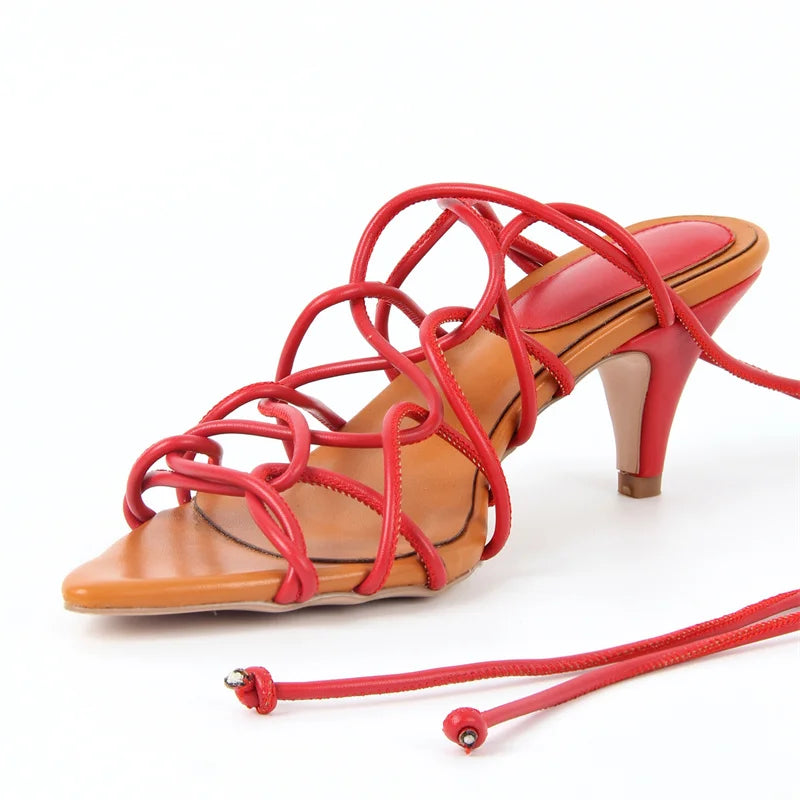 Women Pointed Toe Gladiator Kitten Heel Lace Up Strappy Sandals High Heel Party Heels