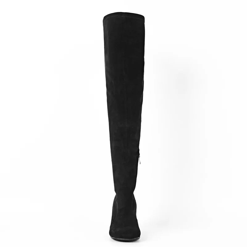 Onlymaker Women Square Toe Flock Over The Knee Boots Side Zipper  Shaped Heel Thigh High Boots