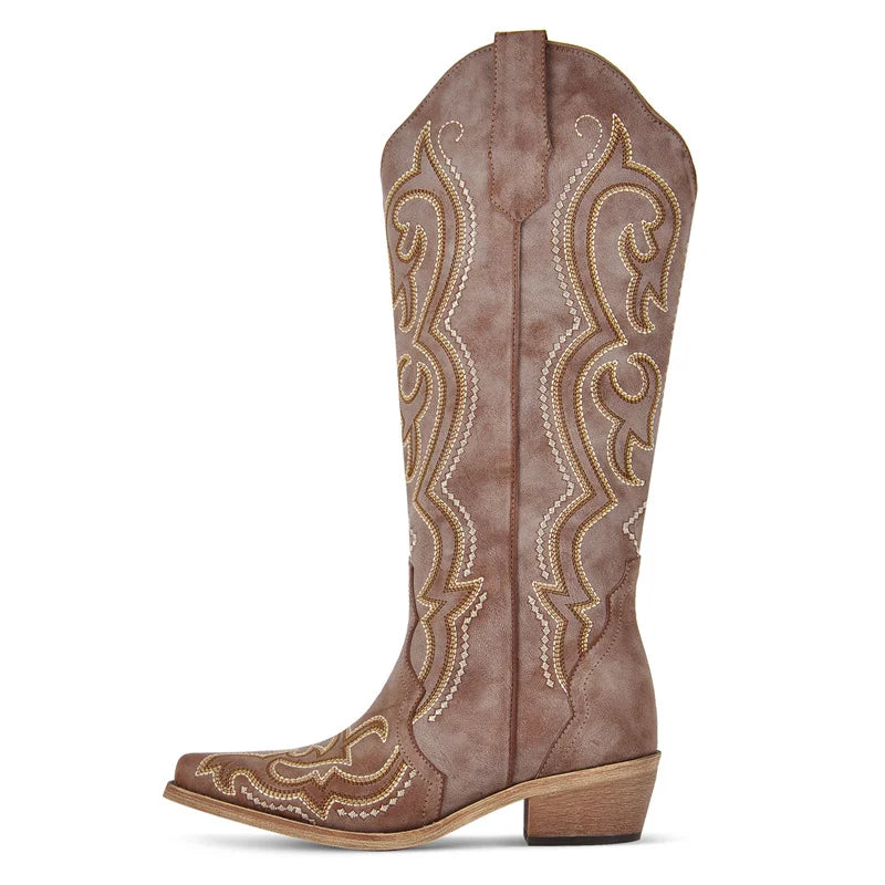 Onlymaker Women Pointed Toe Side Zipper Knee High Embroidery Western Cowgirl Boots Chunky Heel Embroidery Cowboy Boots