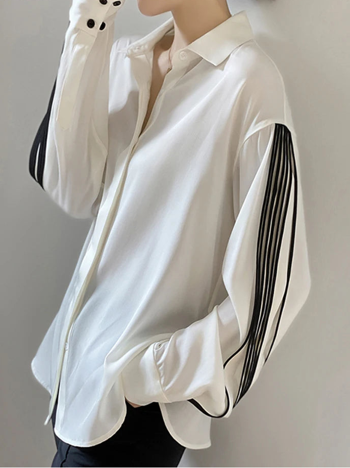 Loose Straight Shirt For Women Lapel Lantern Sleeve Patchwork Colorblock Single Breasted Blouses Female Clothes 2024 Fashion