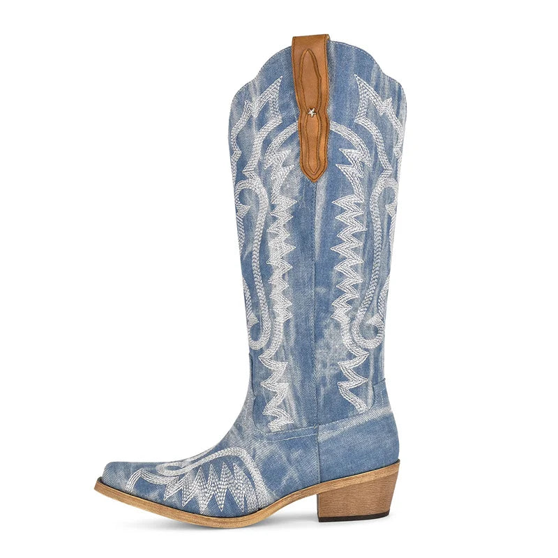 Onlymaker Women Denim Embroidery Knee High Western Boots Mid Calf   Cowboy Boots Retro Side Zipper Embroidered Western Boots