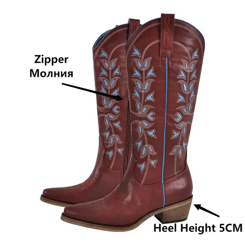 Onlymaker Women Western Cowboy Boots Pointed Toe  Embroidered  Block Heel Fashion Side Zipper Cowgirl Boots