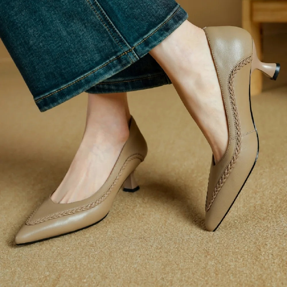 New Women Handmade Genuine Leather Pointed Toe Mid Heel Soft and comfortable Shallow Slip-on Ladies Shoes 34-40