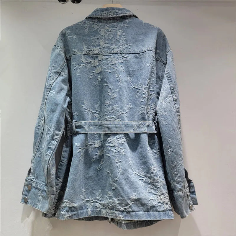 2026 Jeans Jacket Spring New Style Heavy Industry Diamond Design Jacquard Mid-Length Denim Jacket For Women With Belt Coat 11A08466