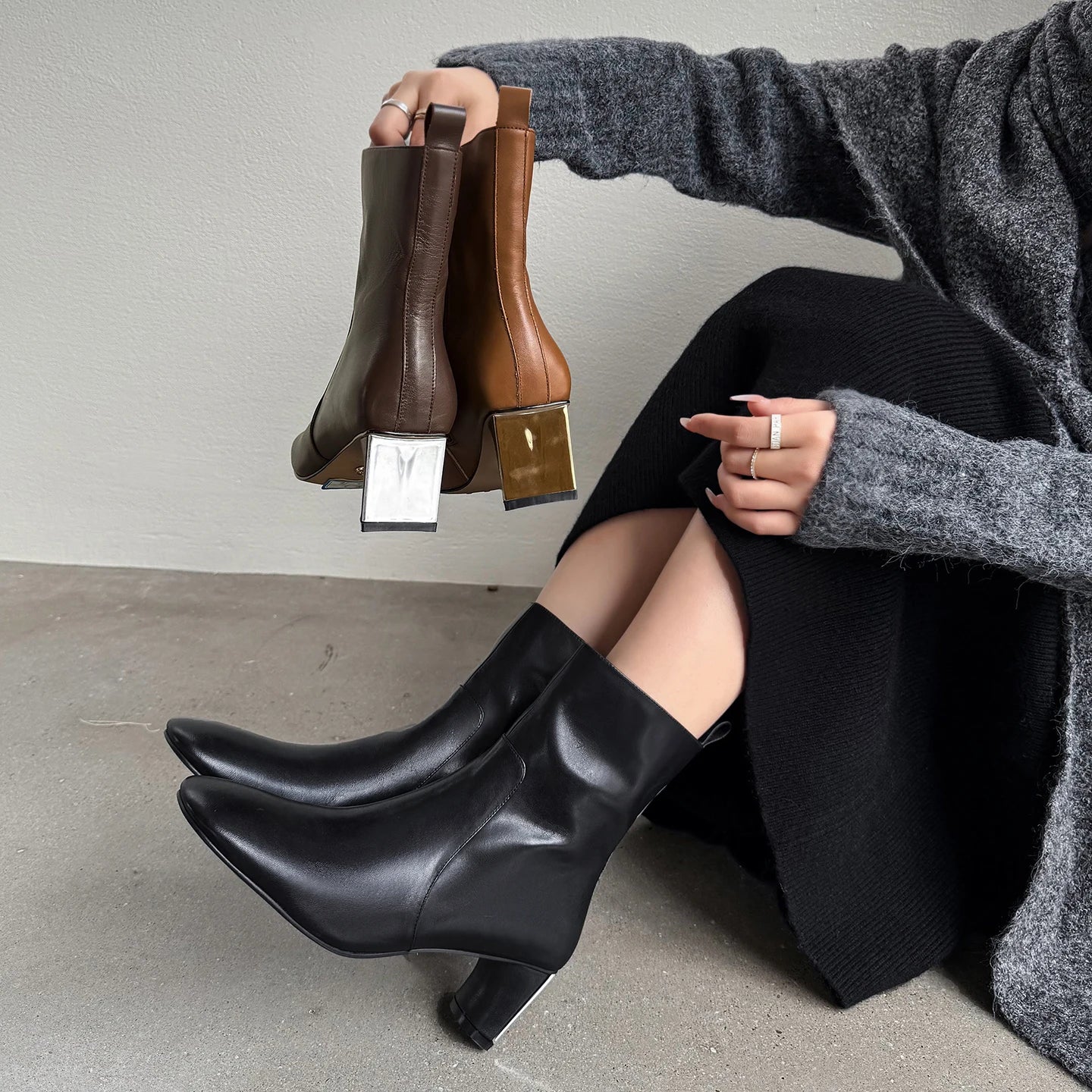 New Handmade Genuine Leather women's Round Toe Med Heels Ankle Boots For Party Dating Shoes Office Lady 33-40