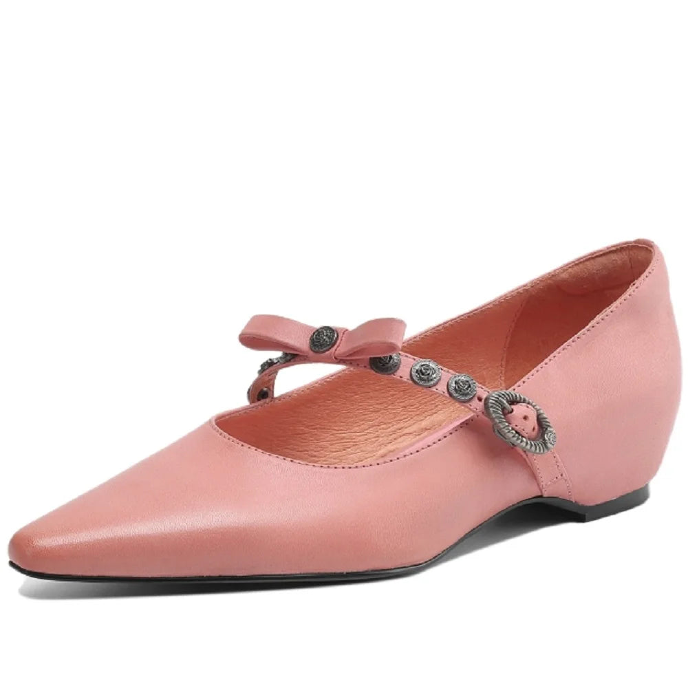 Handmade Genuine leather metal buckle sweet bowtie Mary Jane elegant ladies 3.5cm wedge med heeled shoes 34-41