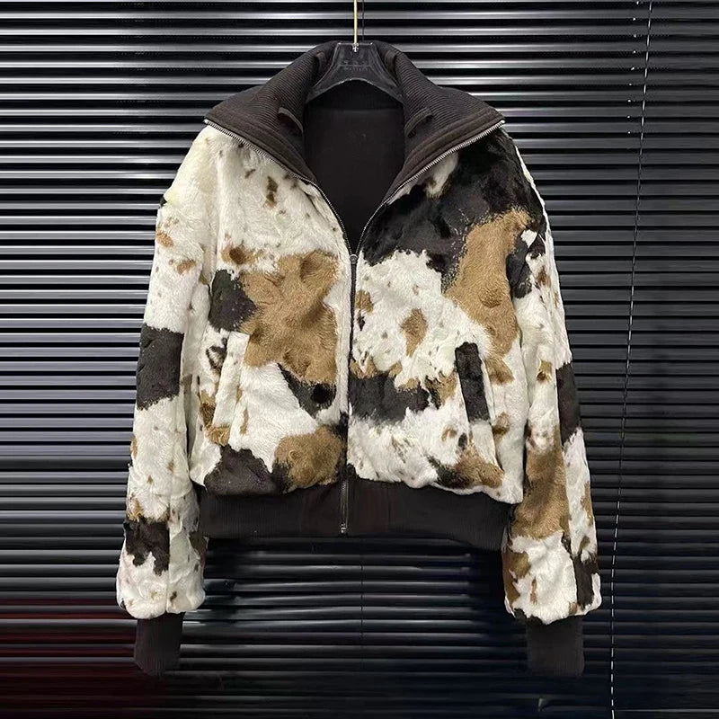 2026 Autumn Winter New Plush Reversible Wool Coat For Women Warm Fashion Print Stand Collar Short Jacket Female 1A1609