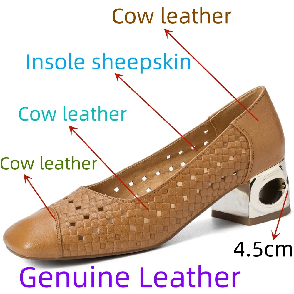 Women's hollow-out Handmade Genuine Leather patchwork summer breathable Mid heel elegant ladies daily slim 34-40