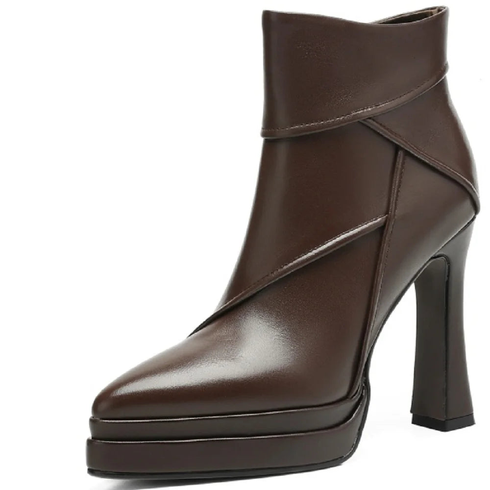 Handmade Genuine Leather Women New High Quality Short Ankle Boots Pointed Zipper Thick High Heels Boots 34-40