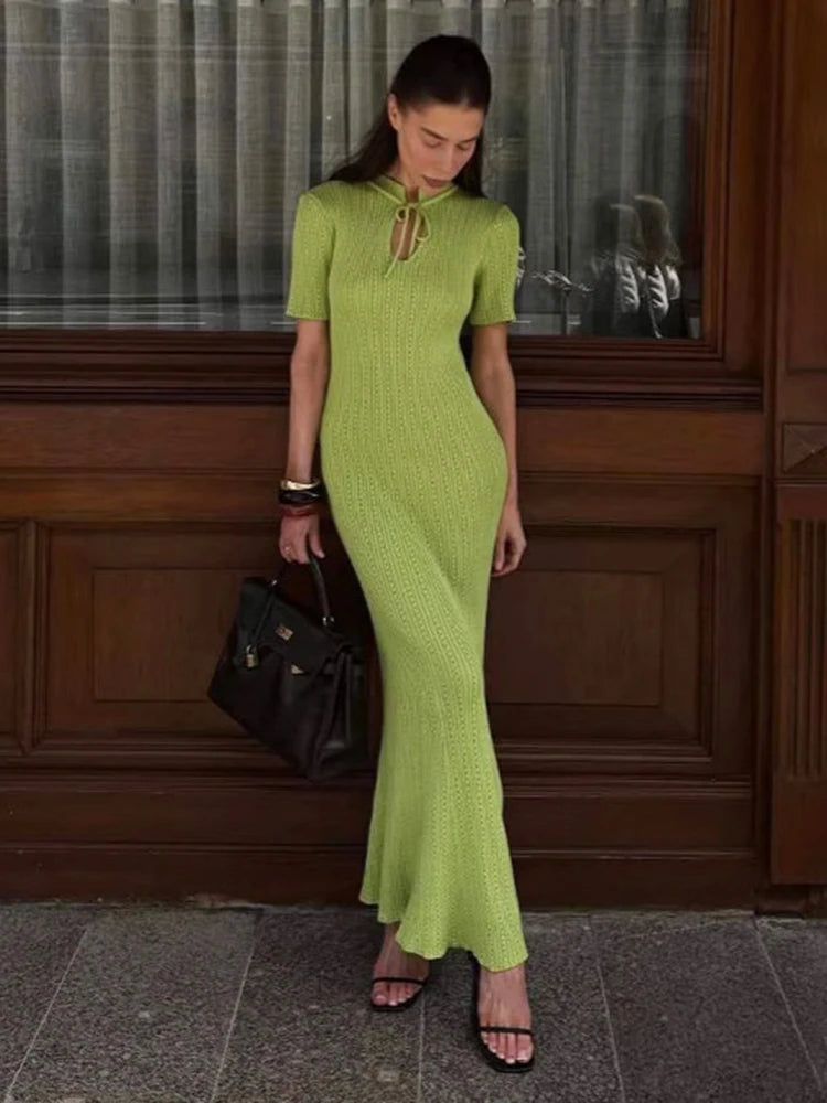 TARUXY Short Sleeve Knitted Long Dress Female Slim Hollow Retro Elegant Sweater Dress 2026 Summer New High Waist Women‘s Dress