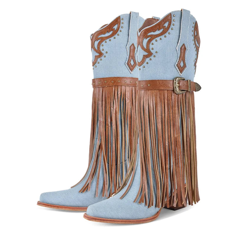 Onlymaker Women Pointed Toe Pull-on Knee High Fringe Boots Comfy Pull On Mid Calf Chunky Heel Embroidered Western Boots