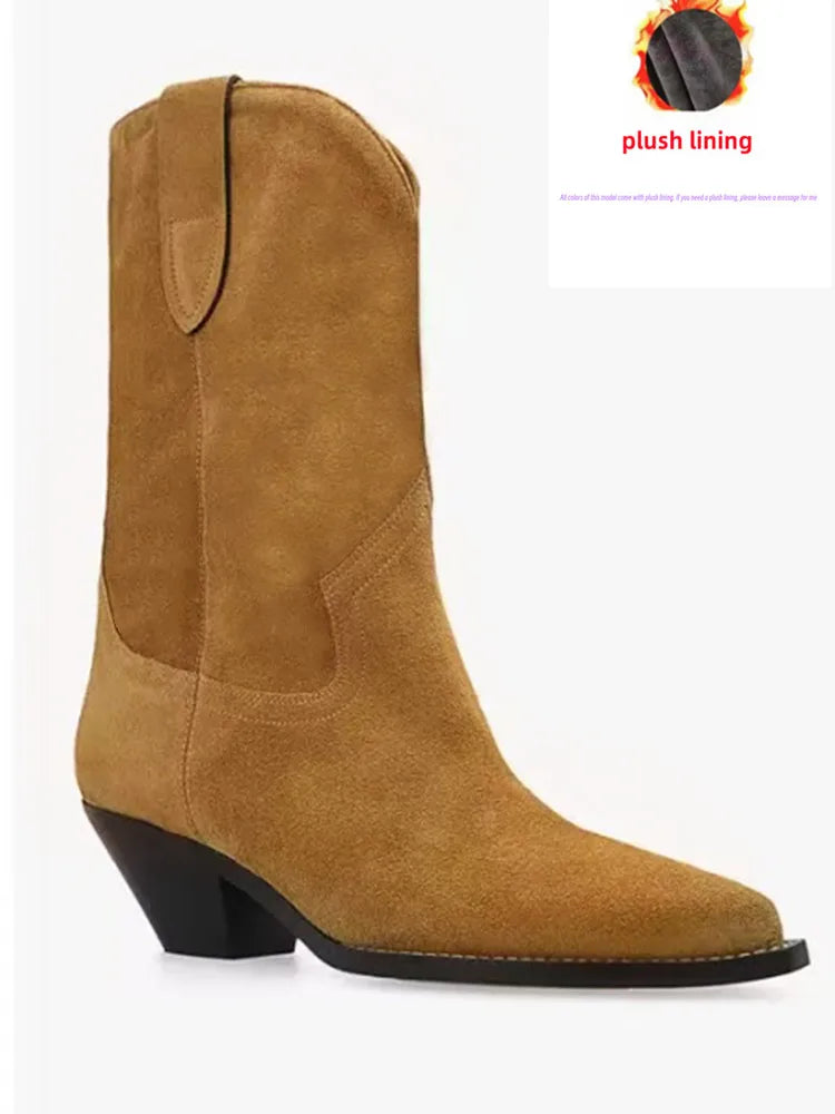 2025 Autumn and winter new women's thick heel high short boots, fashionable pointed casual plus size women's calf boots