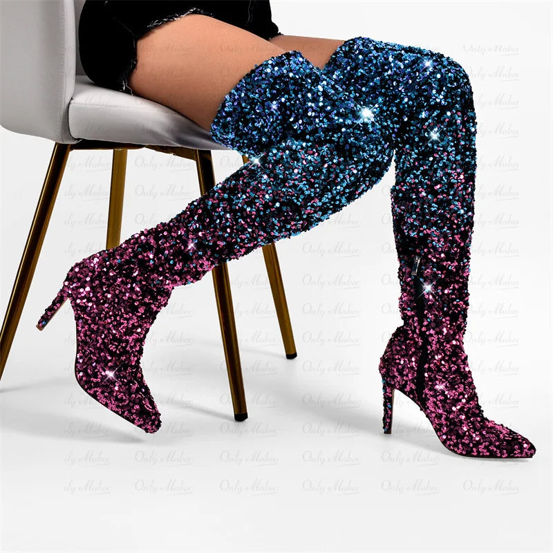Onlymaker Women Glittery Over The Knee Boots Gradient Color Sequins Pointed Toe Stiletto Female Boots