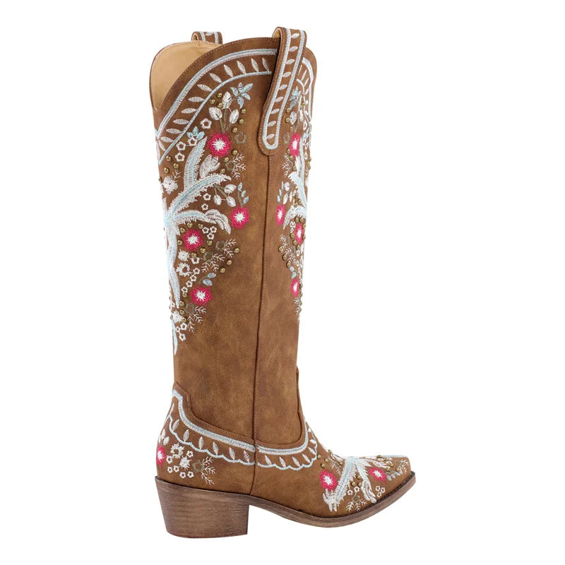 Onlymaker Women Pointed Toe Brown Embroider Flower Western Cowboy Boots Female Wide Mid Calf Boots
