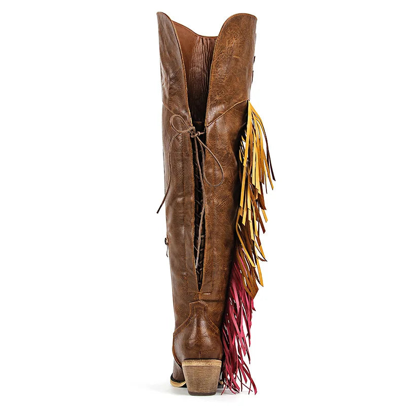Onlymaker Women Pointed Toe Side Zipper Fringe Western Cowgirl Boots Chunky Heel Adjustable Thigh High Cowgirl Boot