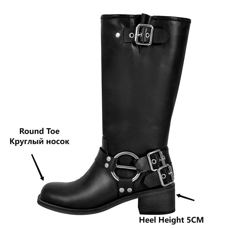Onlymaker Women Gothic Black Round Toe Knee High Boots Heeled Metal Rivet Buckle Fashion 2023 Autumn Motorcycle Boots
