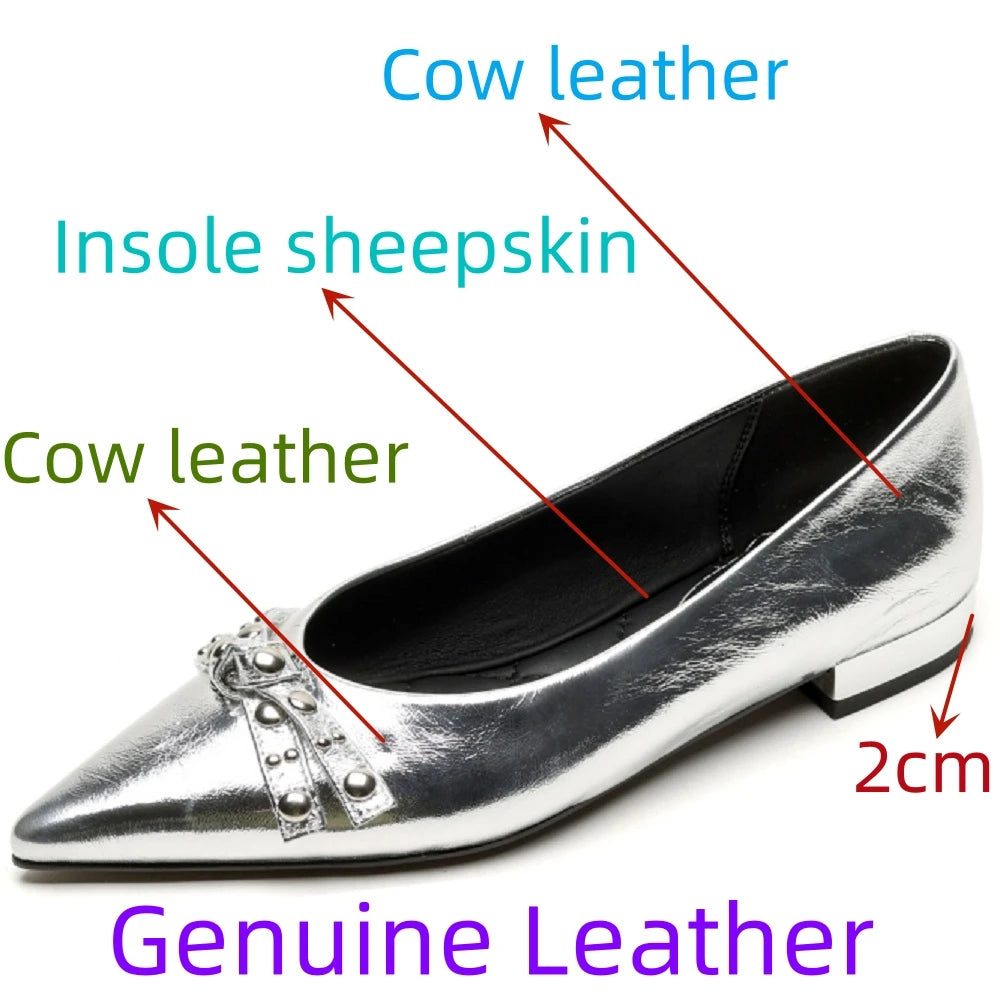 Handmade Genuine Leather Pointed Toe Low Heels Street Wear Slip On Butterfly-knot Decoration Sweet Girl 34-40