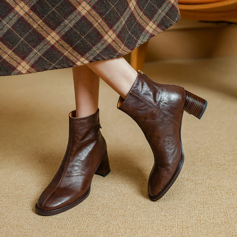 Handmade Genuine Leather Soft and comfortable Ankle Boots Women Booties Chunky Mid Heels Square Toe Shoes 34-40