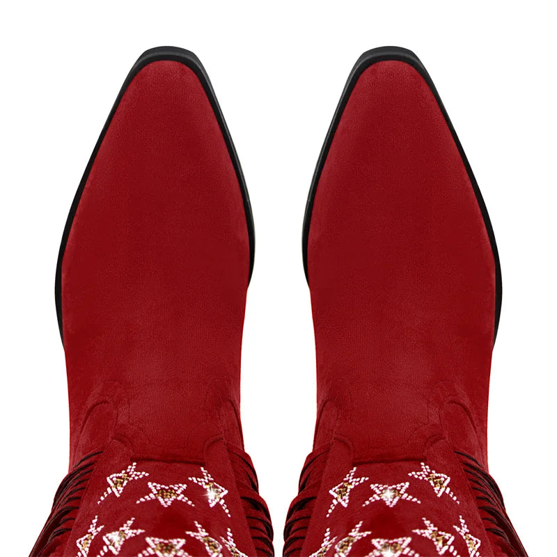 Onlymaker Women Pointed Toe Pull-on Knee High Fringe Cowgirl Boots Comfy Big Size Pull On Rhinestone Mid Calf Western Boots