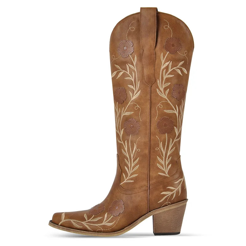 Onlymaker Women Pointed Toe Side Zipper Embroidery Flower Western Cowgirl Boots Chunky Heel Embroidery Cowboy Boots