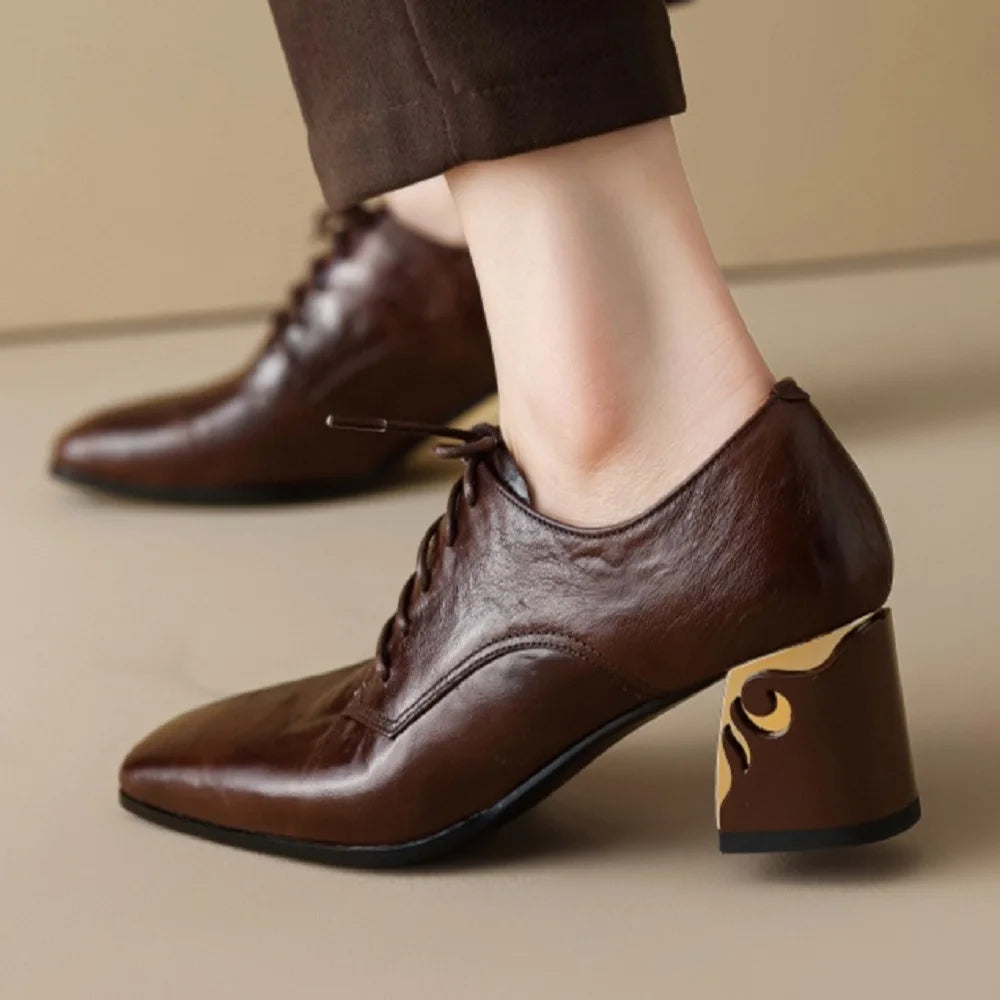 New Handmade Brand Genuine Leather Women Shoes Square Toe Shoes Chunky Mid Heel Shoes Zapatos Mujer 34-43