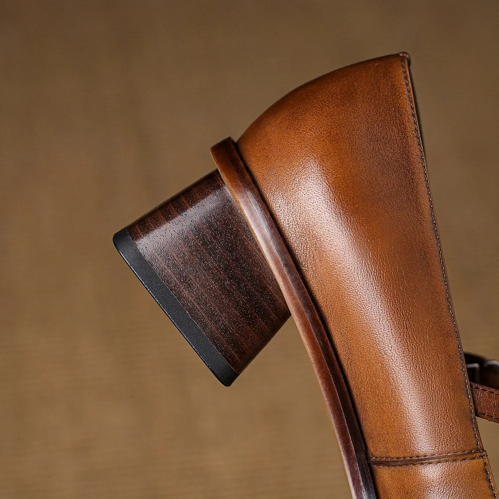 Handmade Genuine Leather Mary Jane Women's Shoes Retro Buckle Shallow Mid Heel Square Toe Zapatos De Mujer 33-41