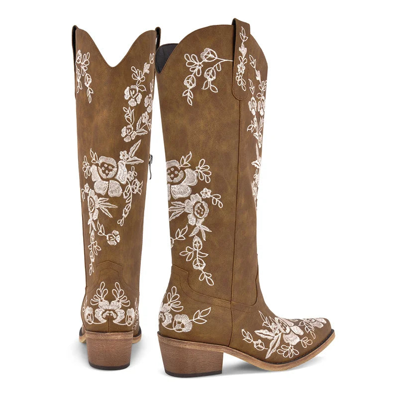 Onlymaker Women Pointed Toe Pull-on Knee High Cowgirl Boots Comfy Pull On Wide Calf Chunky Heel Retro Classic Western Boots