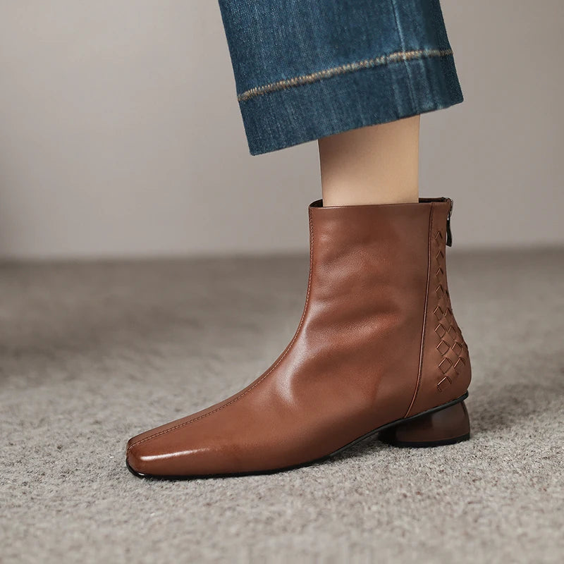 Women Handmade Genuine Leather square toe side zip ankle boot elegant ladies Mid heel daily slim dress 34-40