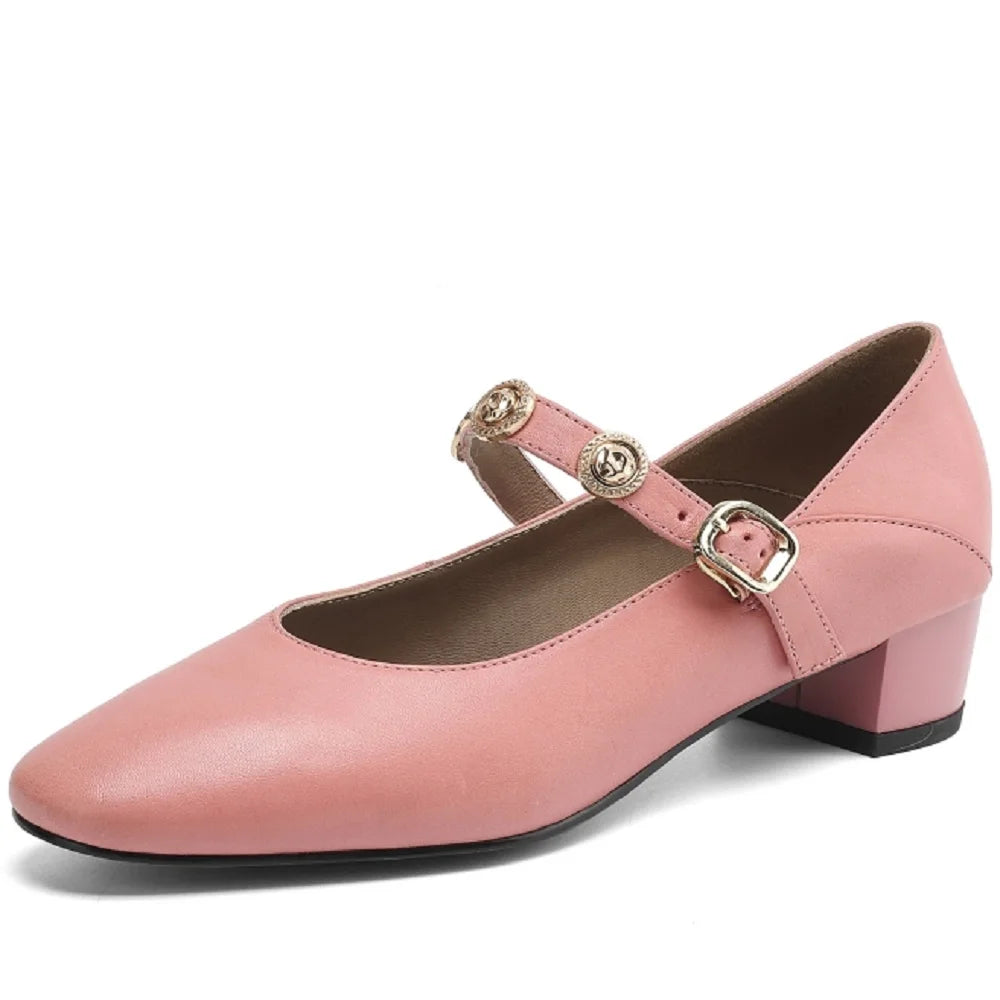 Handmade Genuine Leather Round Toe Med Heels Shallow Mary Janes Rivets Sweet Casual Elegant Luxury Dating 34-41