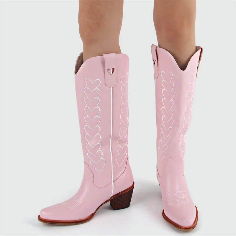 Onlymaker Women Pointed Toe Pull-on Knee High Cowgirl Boots with Big Size Comfy Female Cowboy Boots