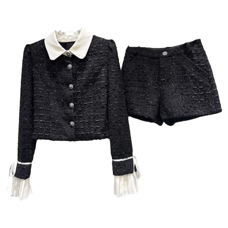 2026 Autumn New Fashion Style Contrast Color Collar Tie Sleeve Short Jacket For Women Shorts Tweed Shorts Female 11A06638