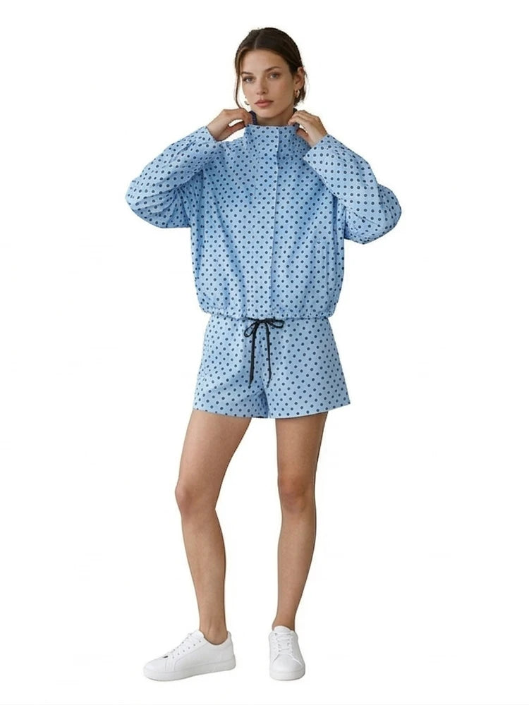 Women's Dot Jackets Fashion Lace Up Front Zipper Casual High Neck Long Sleeves Female Elegant Chic Lady Outfits