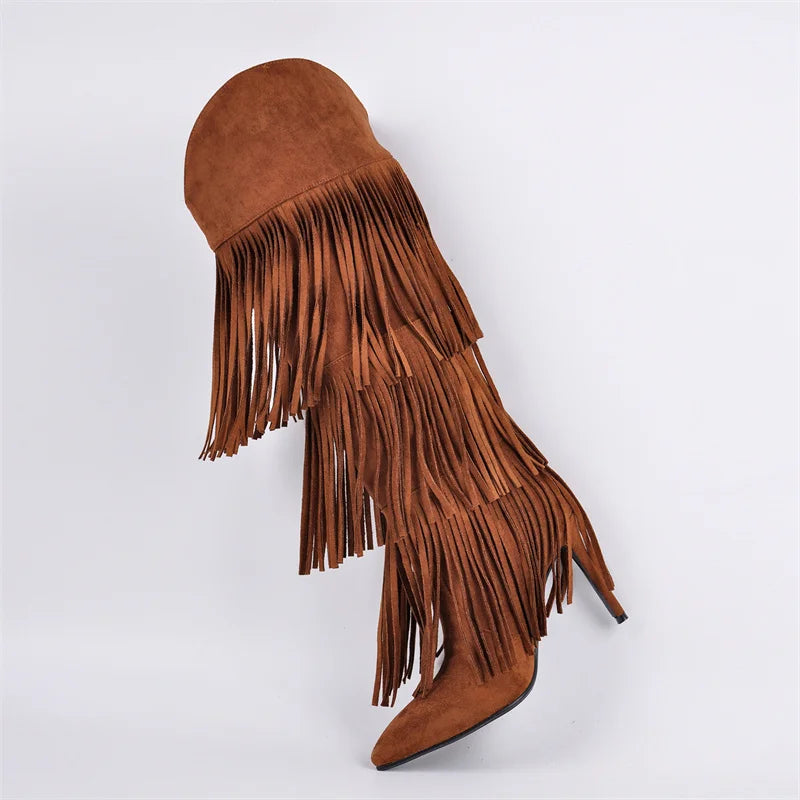 Onlymaker Women Pointed Toe Fringe Boots Comfy Pull On Mid Calf Thin Heel Pull-on Knee High Boots