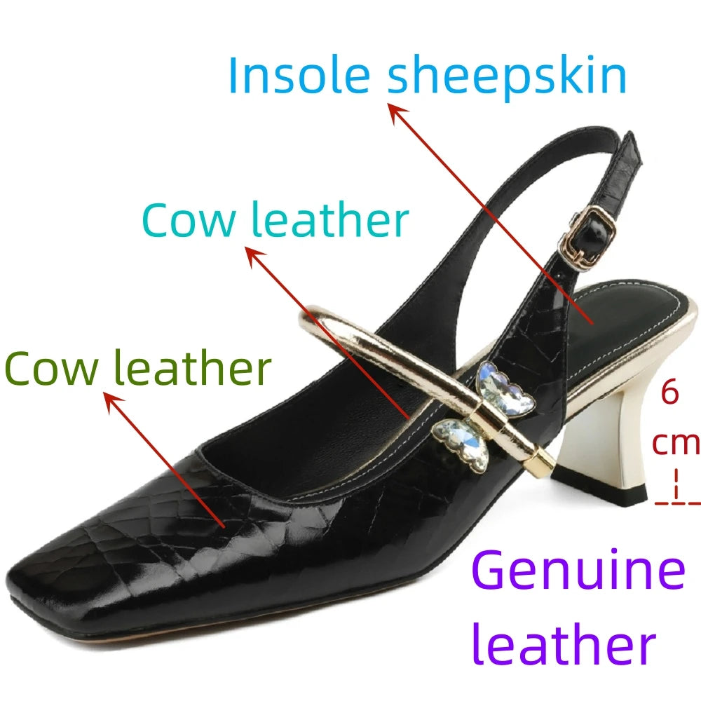 Women Brand High Heel Sandals Genuine Leather Square Toe Buckles Party Wedding Shoes Woman Elegant Pumps 33-43
