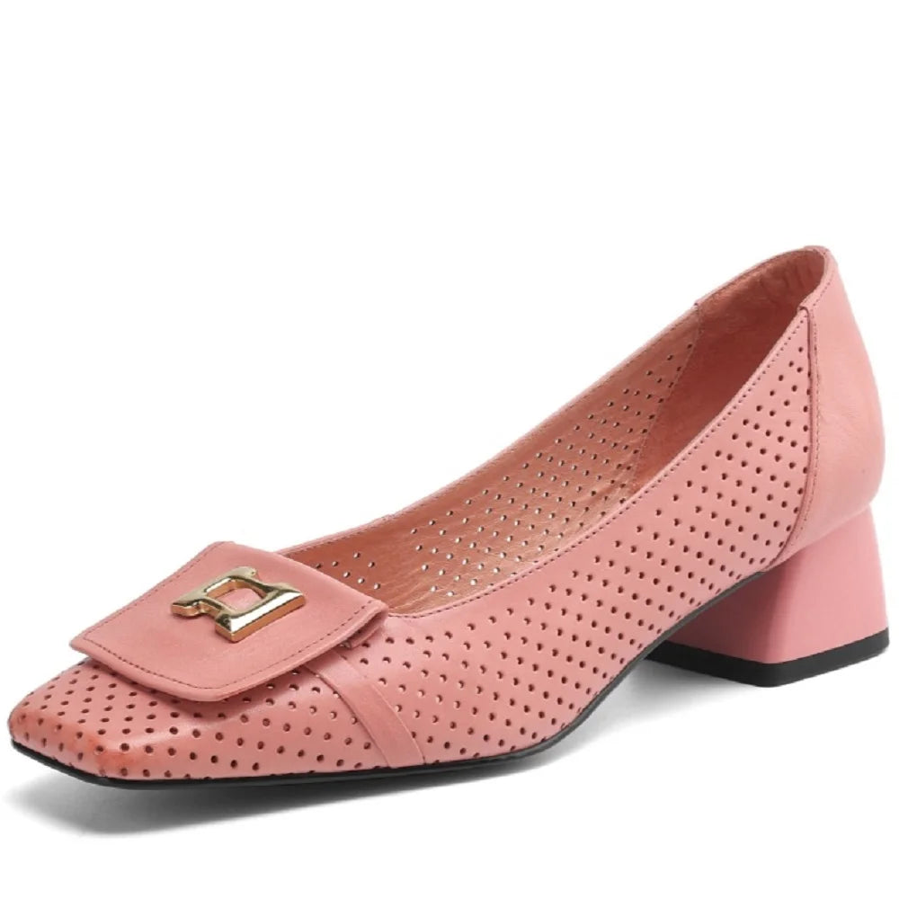 Woman Handmade Genuine Leather Square Head Solid Color Concise Single Shoes Mid Heels Shallow 34-41