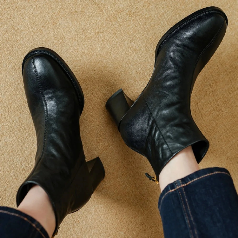Handmade Genuine Leather Soft and comfortable Ankle Boots Women Booties Chunky Mid Heels Square Toe Shoes 34-40