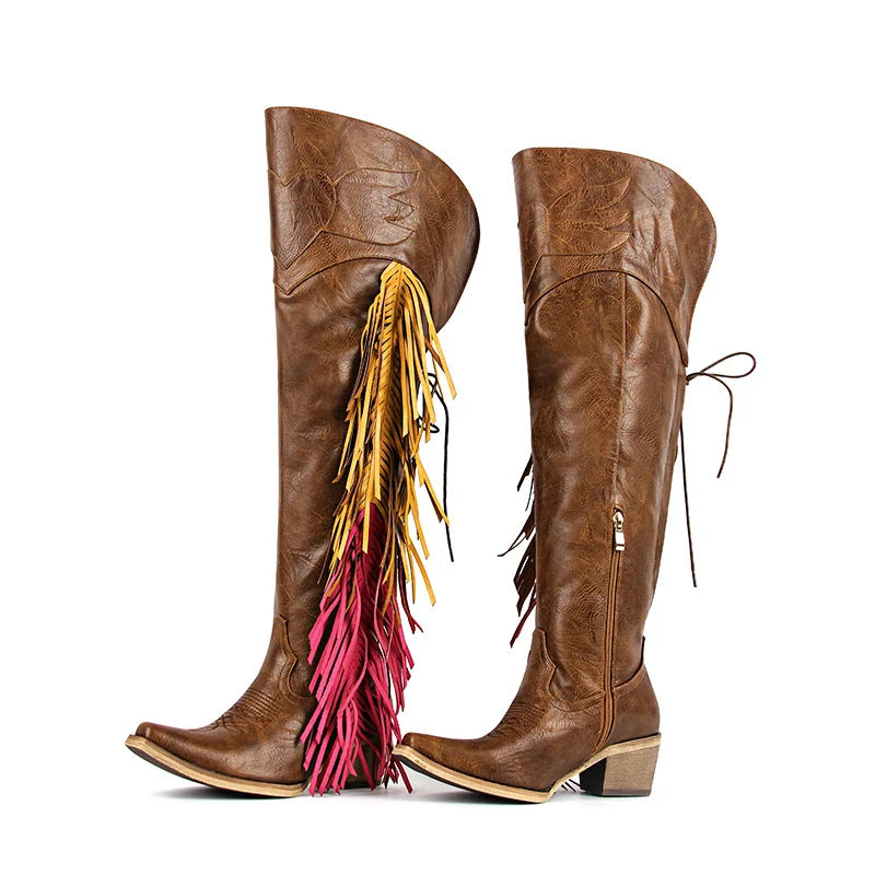 Onlymaker Women Pointed Toe Side Zipper Fringe Western Cowgirl Boots Chunky Heel Adjustable Thigh High Cowgirl Boot
