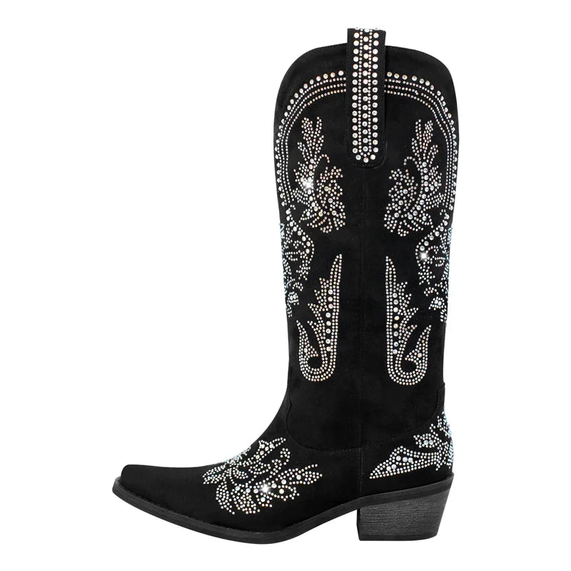 Women Pointed Toe Rhinestone Western Cowboy Boots Black  Female Wide Mid Calf Boots