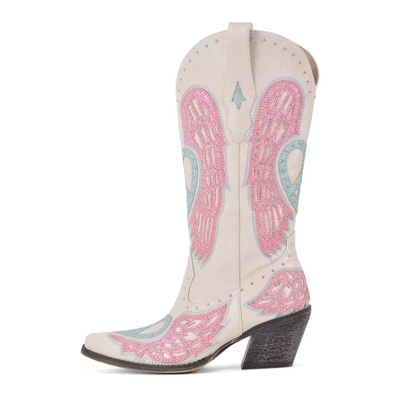 Onlymaker Women Pointed Toe Western Knee High Cowgirl Boots Embroidered Wide Calf  Chunky Block Heel Cowboy Boots