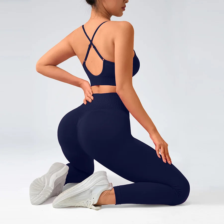 2 pcs/set Seamless Tight Pants Set Rose Red Tank Top Outfit Women's Clothing Breathable  Trousers  Athleisure Fitness Pants