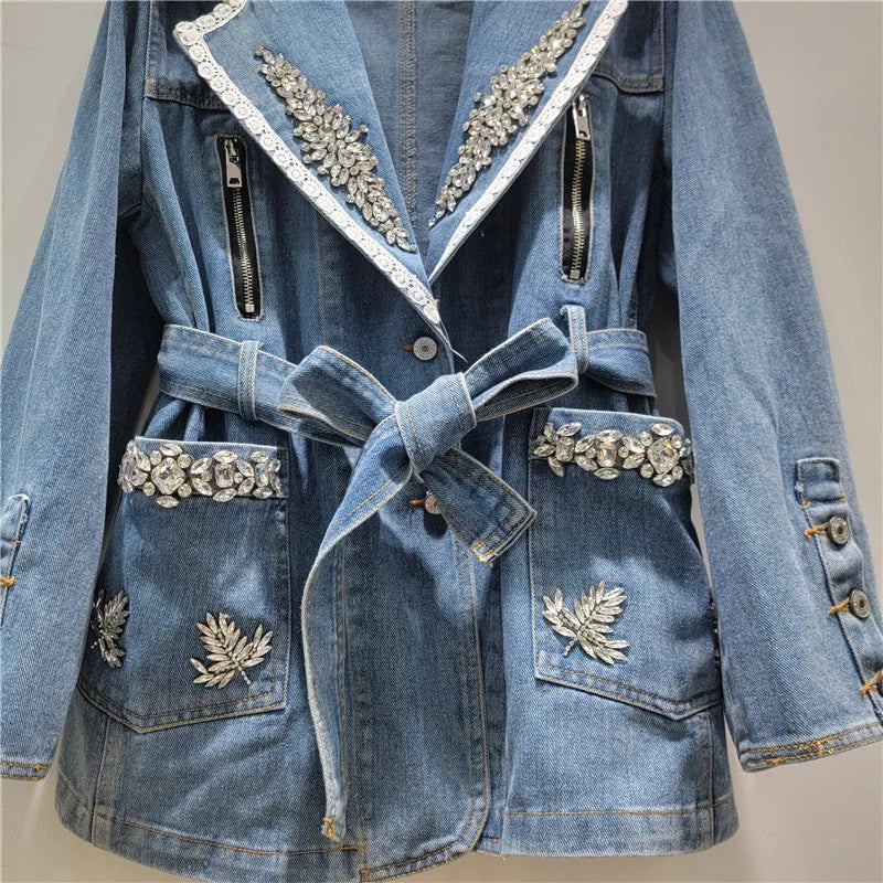 2026  Jeans Jacket Fashion Style Rhinestone Zipper Denim Jacket For Women Turn-down Collar With Belt Waist Versatile Coat Female 11A08647