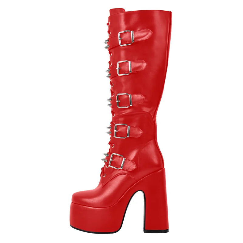 Onlymaker Round Toe Platform Boots Chunky Heel Buckle Gothic Boots Side Zipper Rock Couples Cosplay Biker Punk Boots